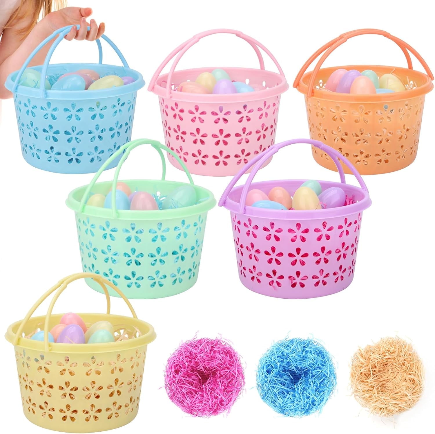 Easter Eggs Basket Set for Kids - 6 Pieces Plastic Easter Basket with 3Pack Tricolor Easter Grass and 36 Pieces Easter Eggs for Easter Theme Party